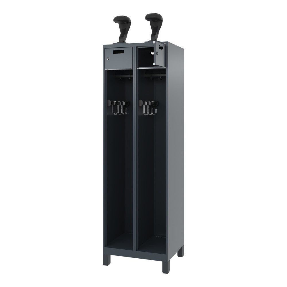 Produktabbildung: C+P Feuerwehrspind PRAKTUS, Füsse, 2 Abteile, HxBxT 1.850 x 600 x 500 mm, anthrazitgrau, mit Helmhalter