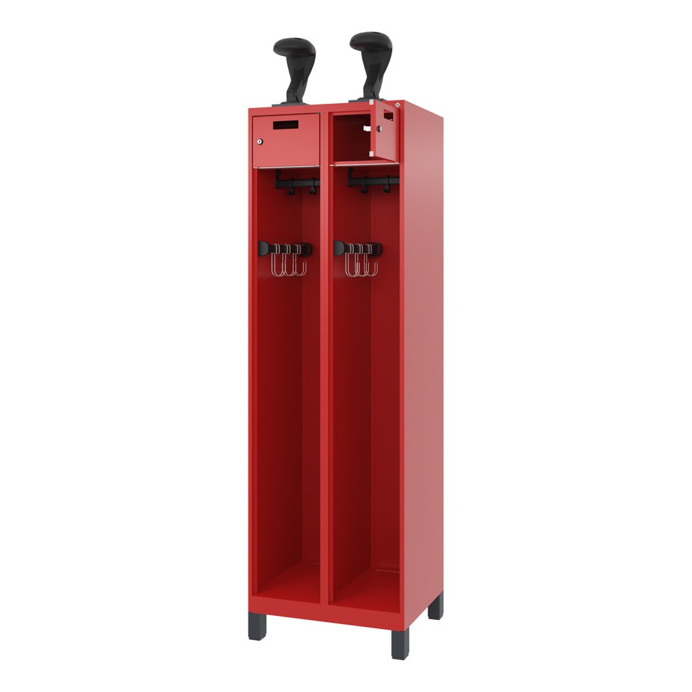Produktabbildung: C+P Feuerwehrspind PRAKTUS, Füsse, 2 Abteile, HxBxT 1.850 x 600 x 500 mm, feuerrot, mit Helmhalter