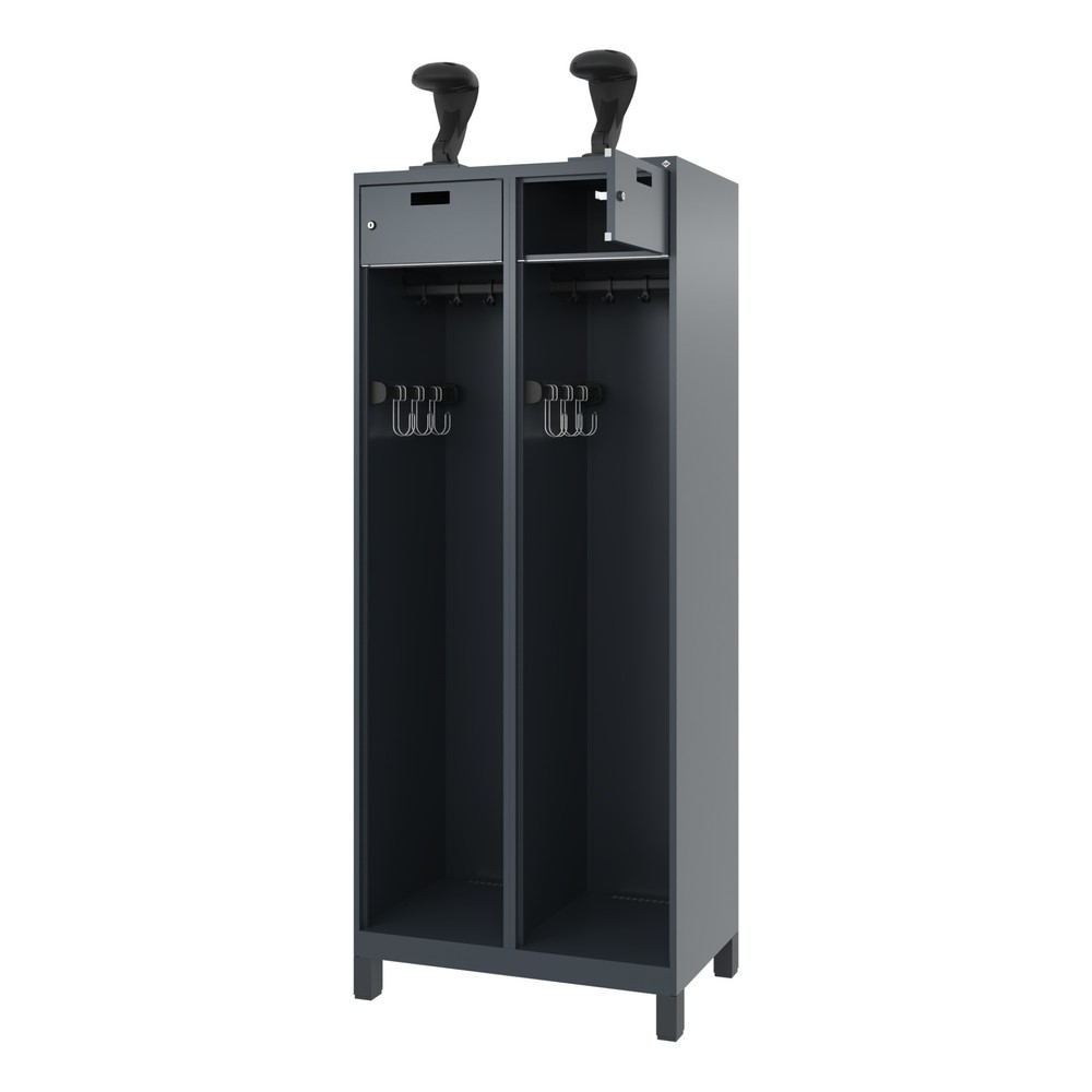 Produktabbildung: C+P Feuerwehrspind PRAKTUS, Füsse, 2 Abteile, HxBxT 1.850 x 800 x 500 mm, anthrazitgrau, mit Helmhalter