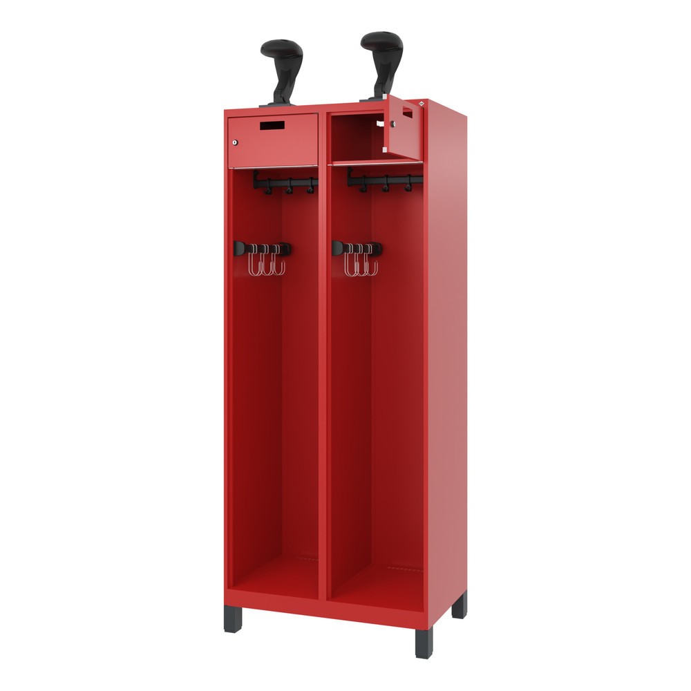 Produktabbildung: C+P Feuerwehrspind PRAKTUS, Füsse, 2 Abteile, HxBxT 1.850 x 800 x 500 mm, feuerrot, mit Helmhalter