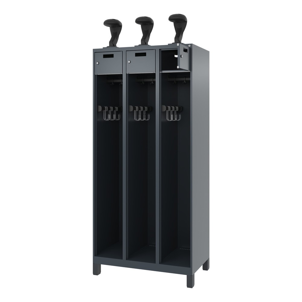 Produktabbildung: C+P Feuerwehrspind PRAKTUS, Füsse, 3 Abteile, HxBxT 1.850 x 900 x 500 mm, anthrazitgrau, mit Helmhalter