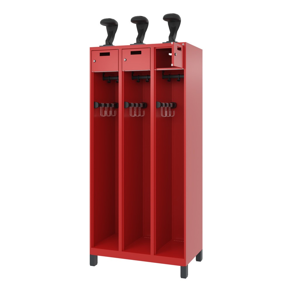 Produktabbildung: C+P Feuerwehrspind PRAKTUS, Füsse, 3 Abteile, HxBxT 1.850 x 900 x 500 mm, feuerrot, mit Helmhalter