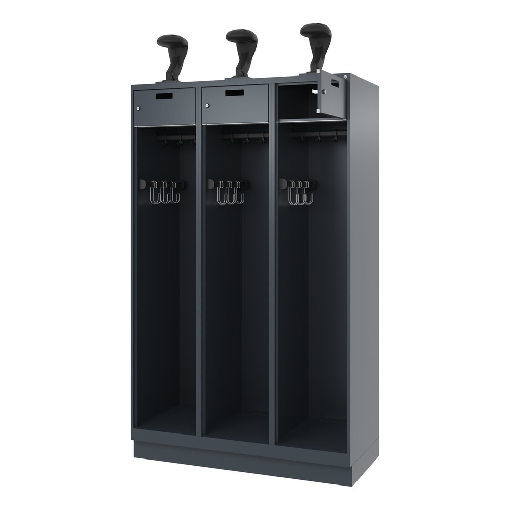 Produktabbildung Nr. 1: C+P Feuerwehrspind PRAKTUS, Sokel, 3 Abteile, HxBxT 1.850 x 1.200 x 500 mm, anthrazitgrau, mit Helmhalter