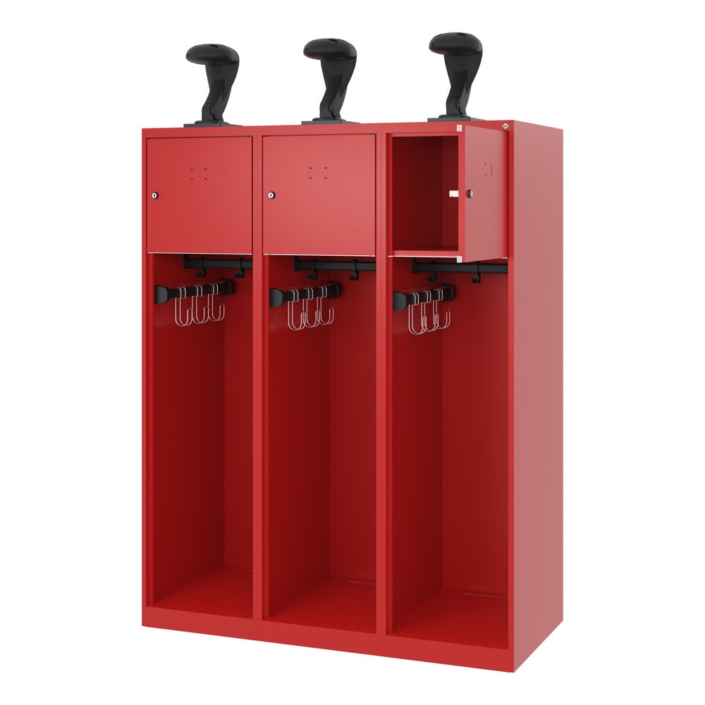 Produktabbildung: C+P Feuerwehrspind YOUNGSTER, Bodengleiter, 3 Abteile, HxBxT 1.530 x 1.200 x 500 mm, feuerrot, mit Helmhalter