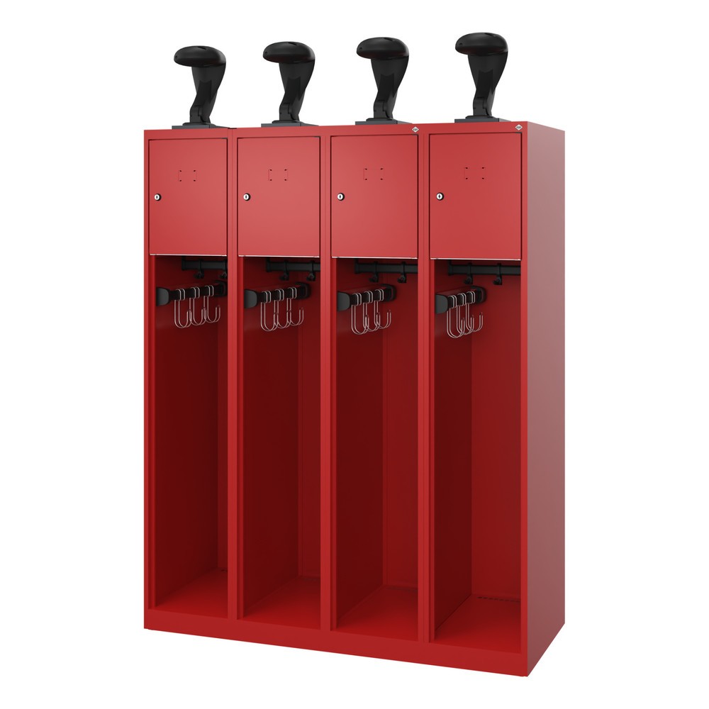 Produktabbildung: C+P Feuerwehrspind YOUNGSTER, Bodengleiter, 4 Abteile, HxBxT 1.530 x 1.200 x 500 mm, feuerrot, mit Helmhalter