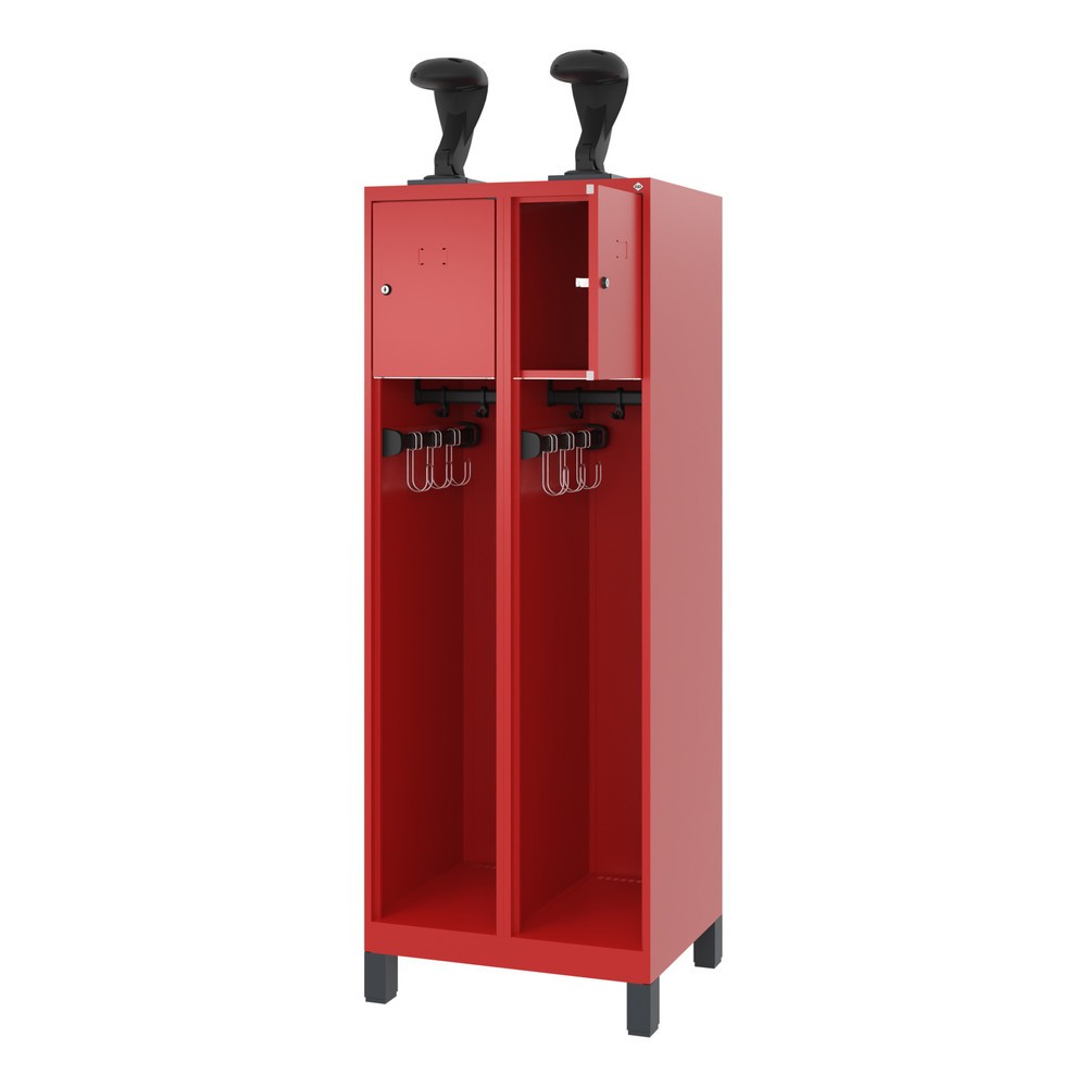 Produktabbildung: C+P Feuerwehrspind YOUNGSTER, Füsse, 2 Abteile, HxBxT 1.530 x 600 x 500 mm, feuerrot, mit Helmhalter