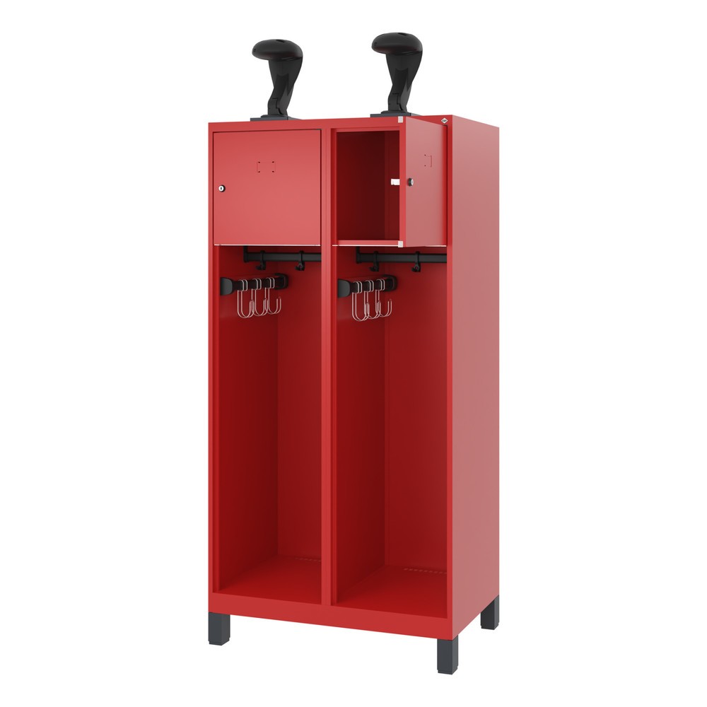 Produktabbildung: C+P Feuerwehrspind YOUNGSTER, Füsse, 2 Abteile, HxBxT 1.530 x 800 x 500 mm, feuerrot, mit Helmhalter