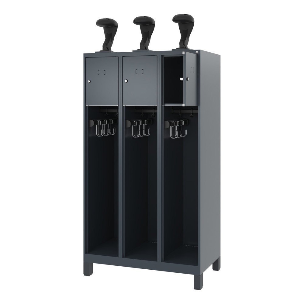 Produktabbildung: C+P Feuerwehrspind YOUNGSTER, Füsse, 3 Abteile, HxBxT 1.530 x 900 x 500 mm, anthrazitgrau, mit Helmhalter