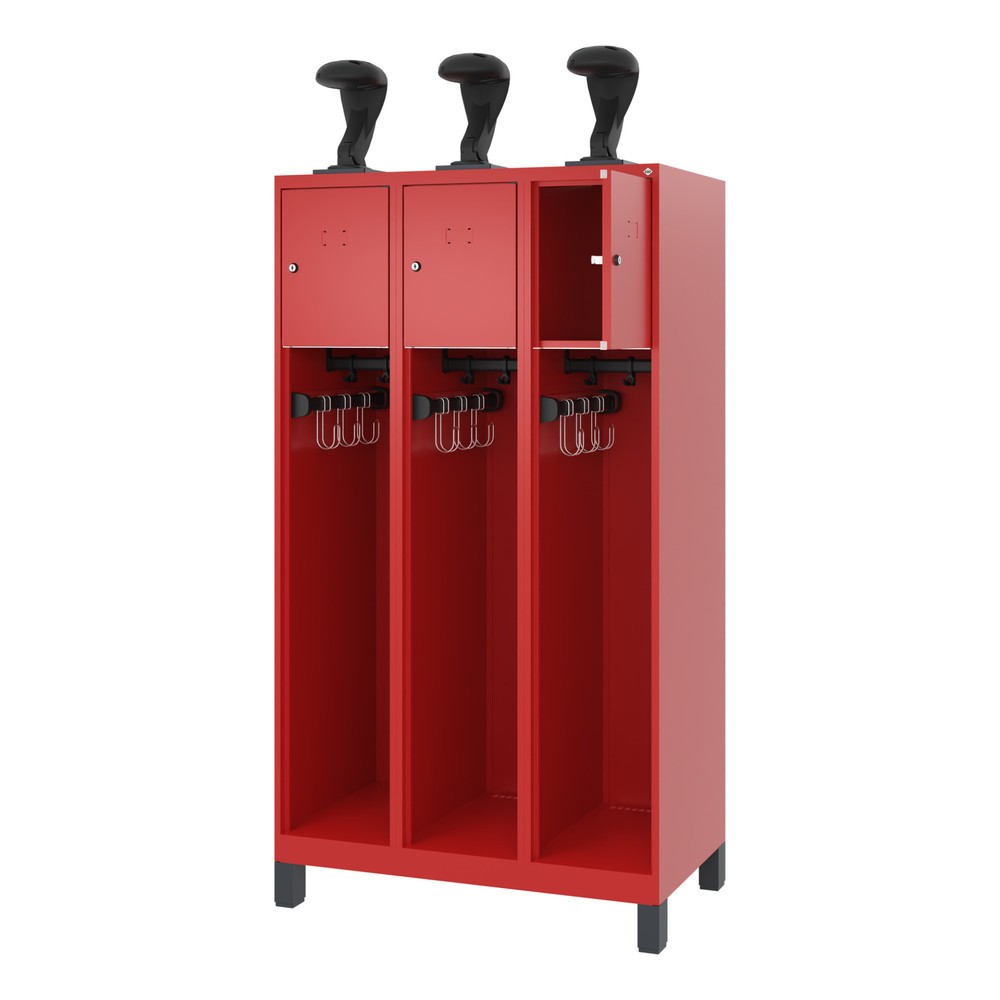 Produktabbildung: C+P Feuerwehrspind YOUNGSTER, Füsse, 3 Abteile, HxBxT 1.530 x 900 x 500 mm, feuerrot, mit Helmhalter