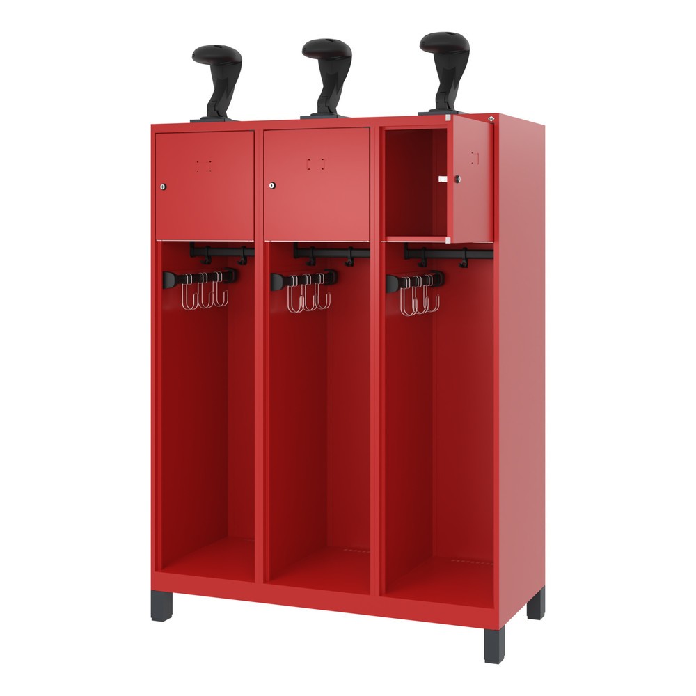 Produktabbildung: C+P Feuerwehrspind YOUNGSTER, Füsse, 3 Abteile, HxBxT 1.530 x 1.200 x 500 mm, feuerrot, mit Helmhalter