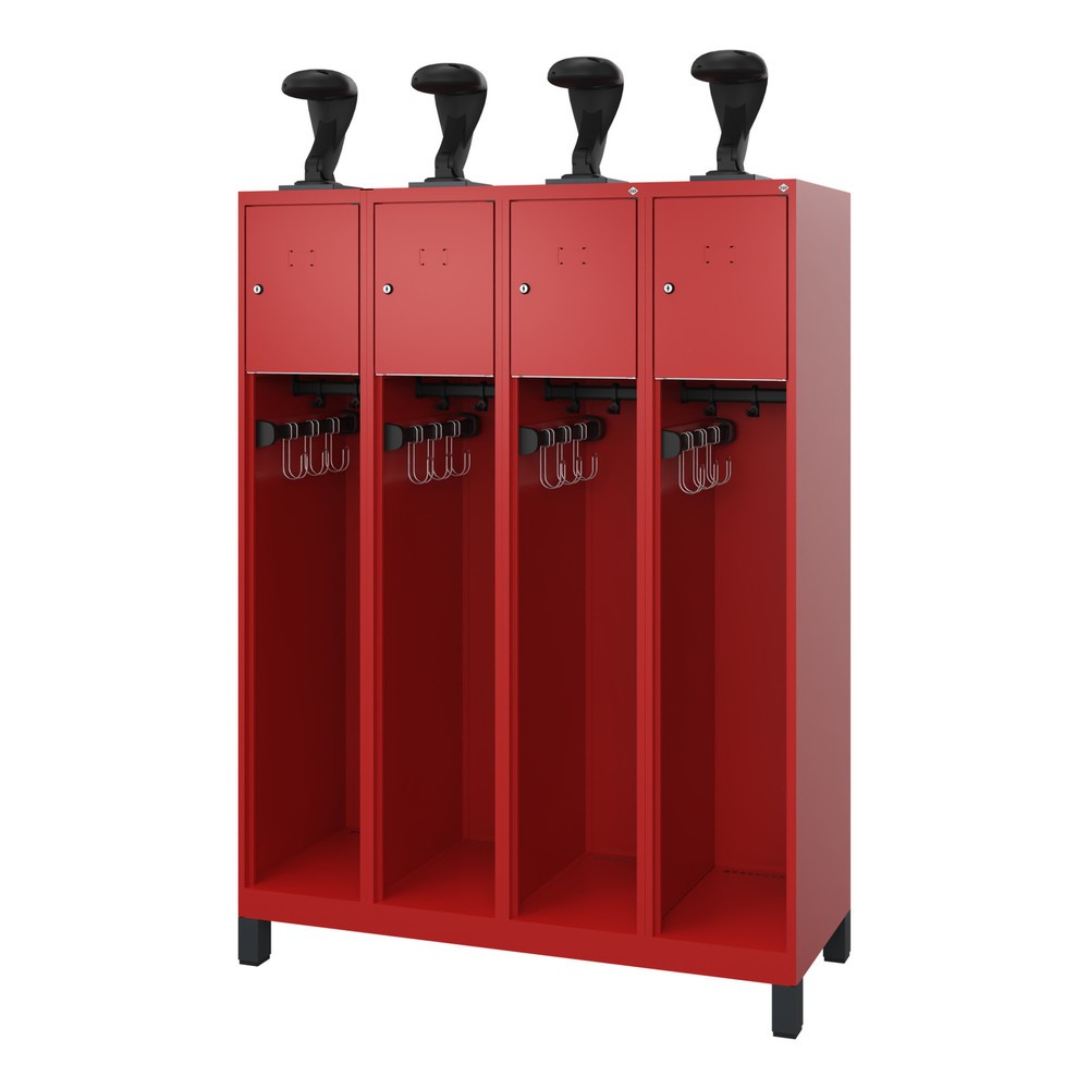 Produktabbildung: C+P Feuerwehrspind YOUNGSTER, Füsse, 4 Abteile, HxBxT 1.530 x 1.200 x 500 mm, feuerrot, mit Helmhalter