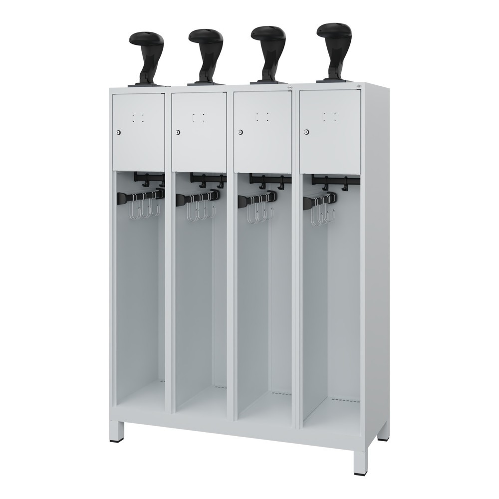 Produktabbildung: C+P Feuerwehrspind YOUNGSTER, Füsse, 4 Abteile, HxBxT 1.530 x 1.200 x 500 mm, lichtgrau, mit Helmhalter