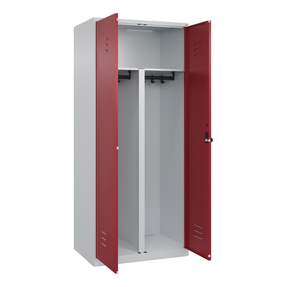 Produktabbildung: C+P PSA Doppel-Spind Classic PLUS, 2 Abteile, HxBxT 1.850 x 800 x 500 mm, lichtgrau, rubinrot, für Vorhängeschloss