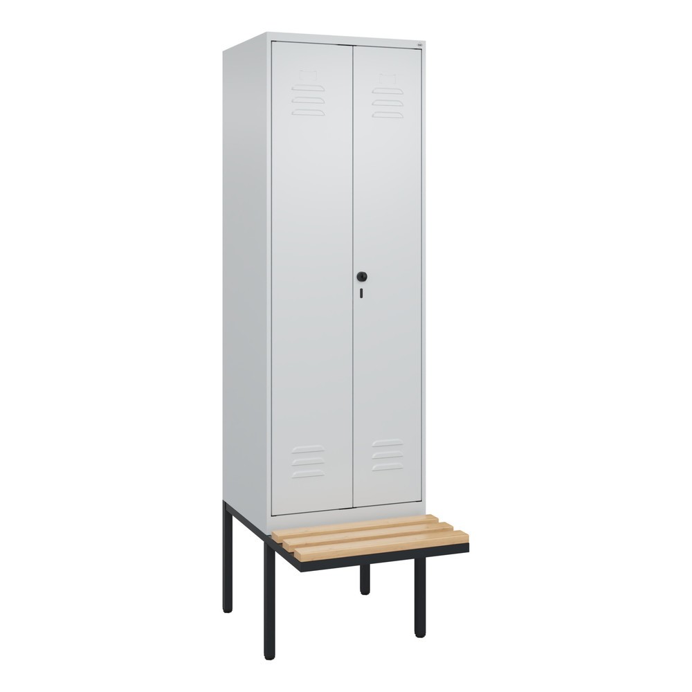 Illustration du produit: C+P PSA Doppel-Spind Classic PLUS, 2 Abteile, HxBxT 2.120 x 600 x 815 mm, für Vorhängeschloss, auskragende Bank aus Buche, lichtgrau, lichtgrau