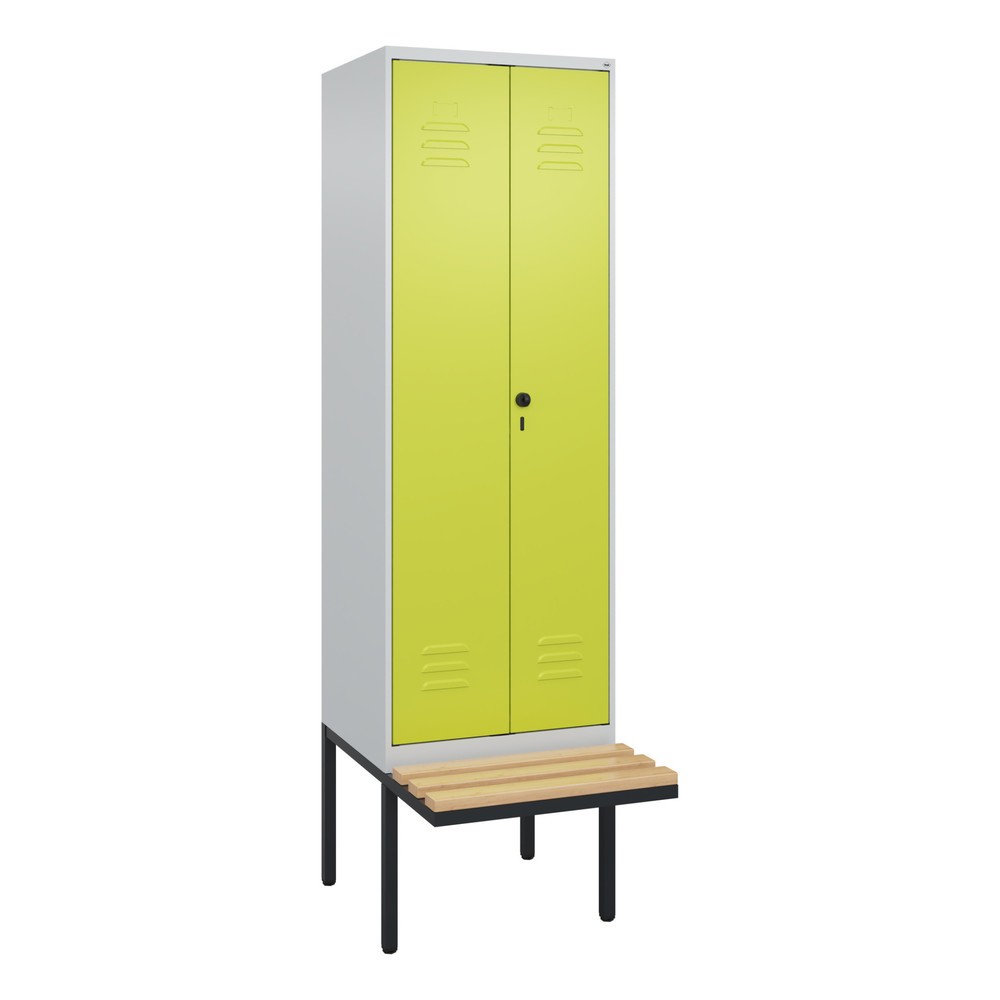 Illustration du produit: C+P PSA Doppel-Spind Classic PLUS, 2 Abteile, HxBxT 2.120 x 600 x 815 mm, für Vorhängeschloss, auskragende Bank aus Buche, lichtgrau, clowngrün