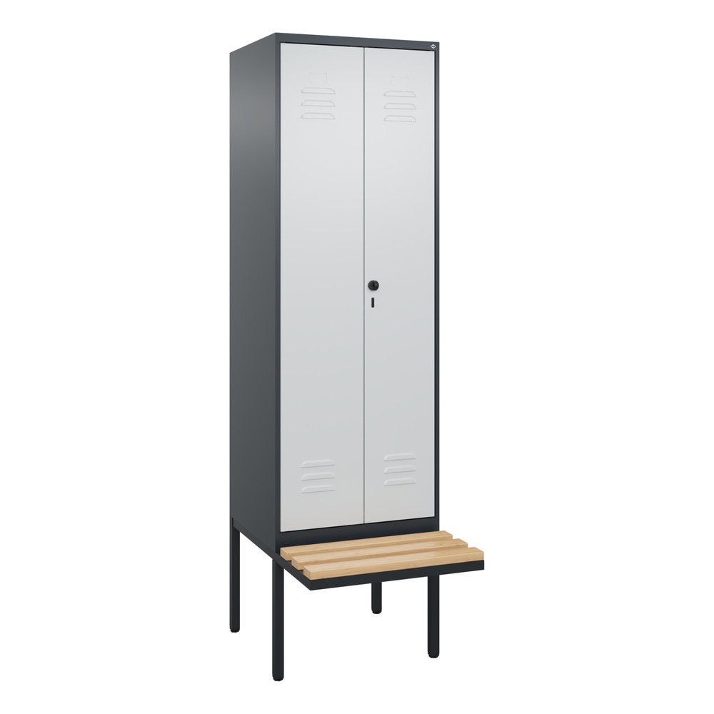 Produktabbildung: C+P PSA Doppel-Spind Classic PLUS, 2 Abteile, HxBxT 2.120 x 600 x 815 mm, für Vorhängeschloss, auskragende Bank aus Buche, anthrazitgrau, lichtgrau