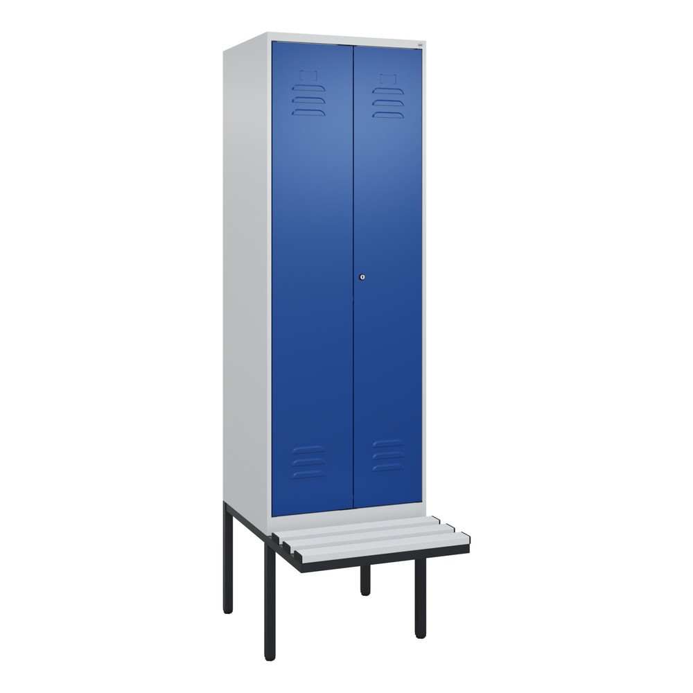 Produktabbildung: C+P PSA Doppel-Spind Classic PLUS, 2 Abteile, HxBxT 2.120 x 600 x 815 mm, Zylinderschloss, auskragende Bank aus Kunststoff, lichtgrau, enzianblau