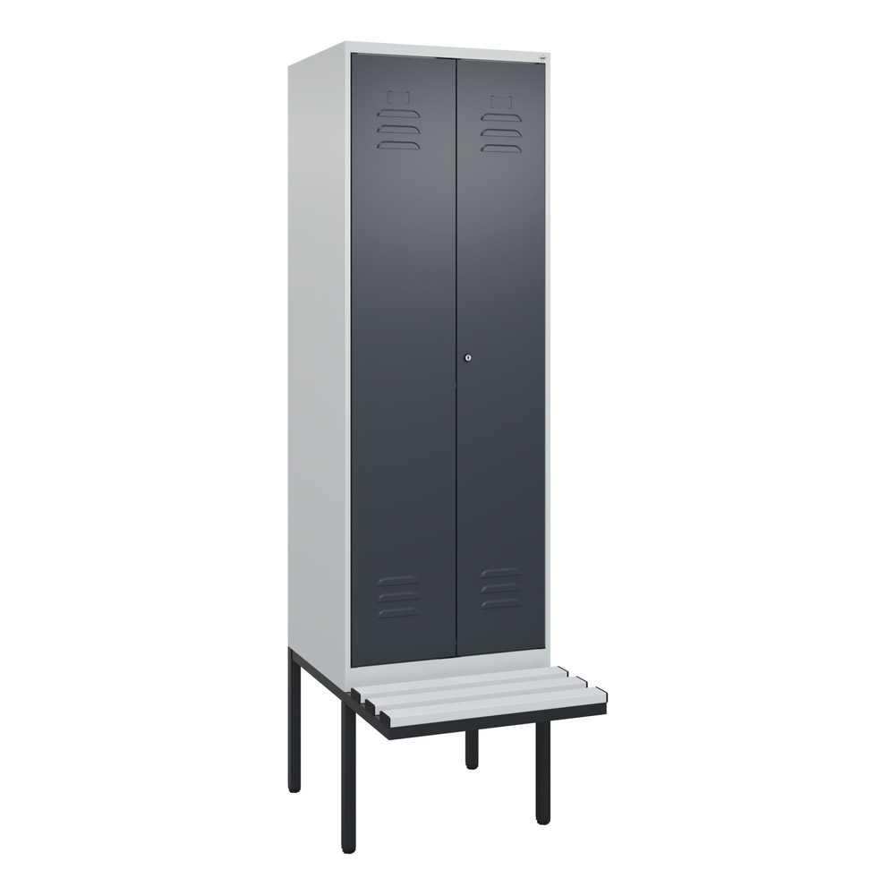 Produktabbildung: C+P PSA Doppel-Spind Classic PLUS, 2 Abteile, HxBxT 2.120 x 600 x 815 mm, Zylinderschloss, auskragende Bank aus Kunststoff, lichtgrau, anthrazitgrau