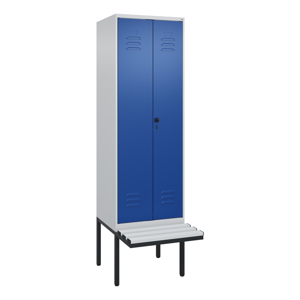 Illustration du produit: C+P PSA Doppel-Spind Classic PLUS, 2 Abteile, HxBxT 2.120 x 600 x 815 mm, für Vorhängeschloss, auskragende Bank aus Kunststoff, lichtgrau, enzianblau