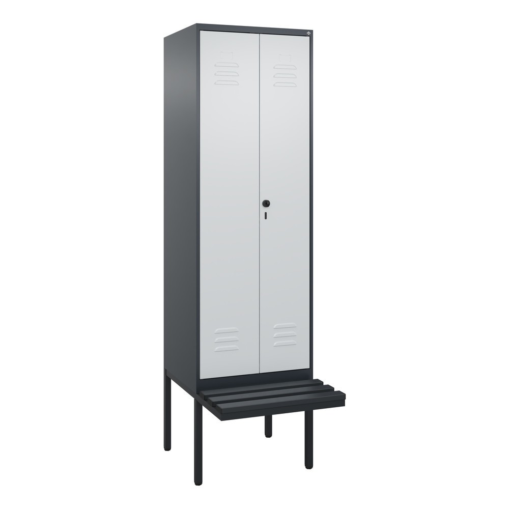 Illustration du produit: C+P PSA Doppel-Spind Classic PLUS, 2 Abteile, HxBxT 2.120 x 600 x 815 mm, für Vorhängeschloss, auskragende Bank aus Kunststoff, anthrazitgrau, lichtgrau