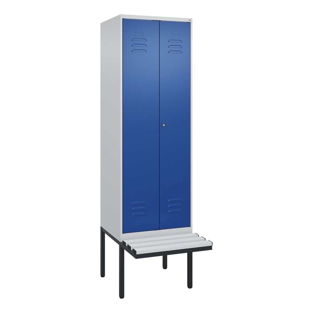 N° de l'image du produit 9 : C+P PSA Doppel-Spind Classic PLUS, 2 Abteile, HxBxT 2.120 x 600 x 815 mm, Zylinderschloss, auskragende Bank aus Kunststoff, lichtgrau, enzianblau