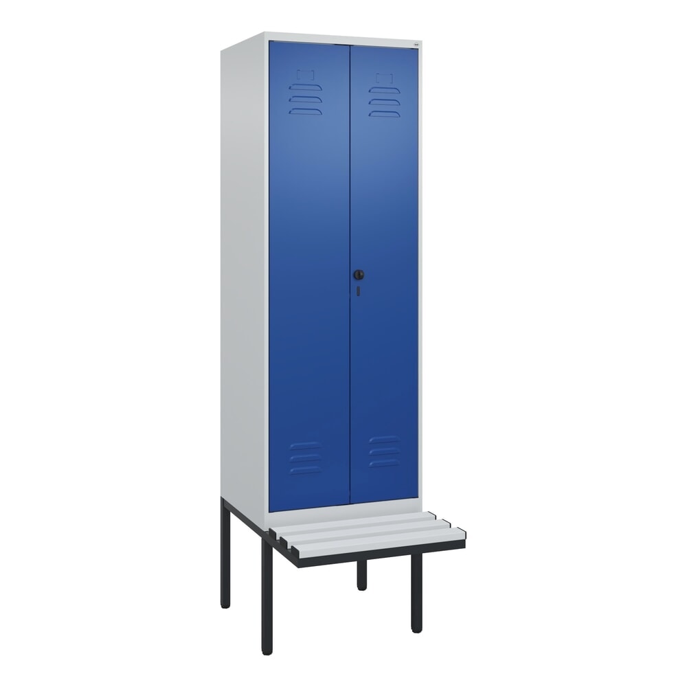 Produktabbildung Nr. 9: C+P PSA Doppel-Spind Classic PLUS, 2 Abteile, HxBxT 2.120 x 600 x 815 mm, für Vorhängeschloss, auskragende Bank aus Kunststoff, lichtgrau, enzianblau