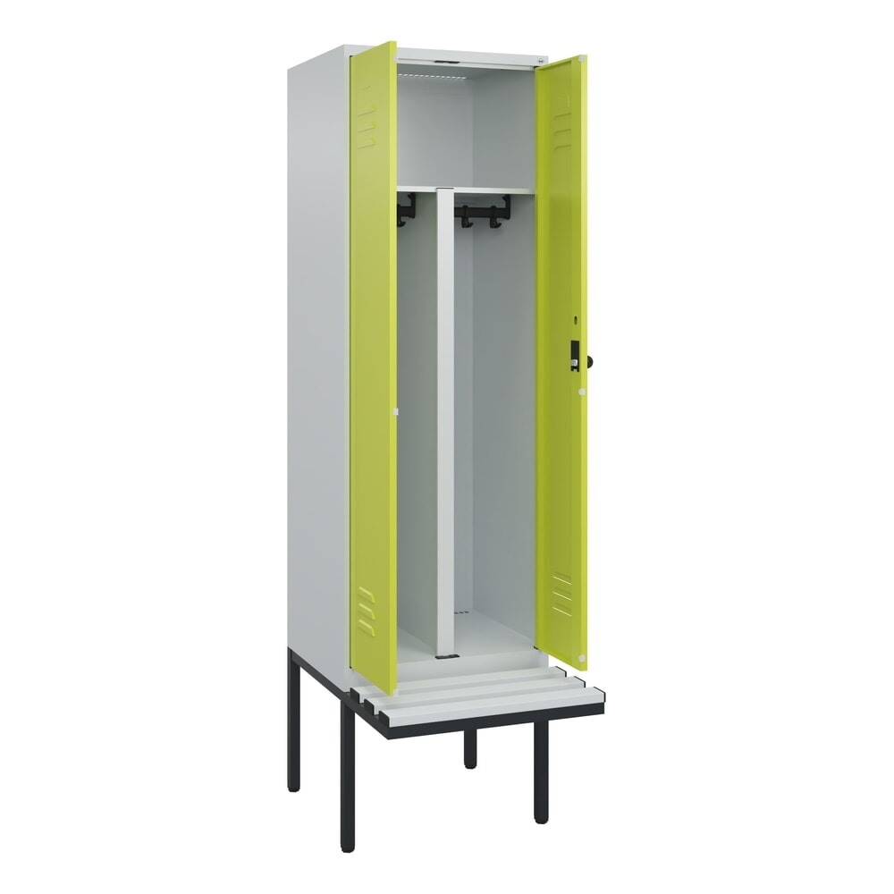 Produktabbildung: C+P PSA Doppel-Spind Classic PLUS, 2 Abteile, HxBxT 2.120 x 600 x 815 mm, für Vorhängeschloss, auskragende Bank aus Kunststoff, lichtgrau, clowngrün