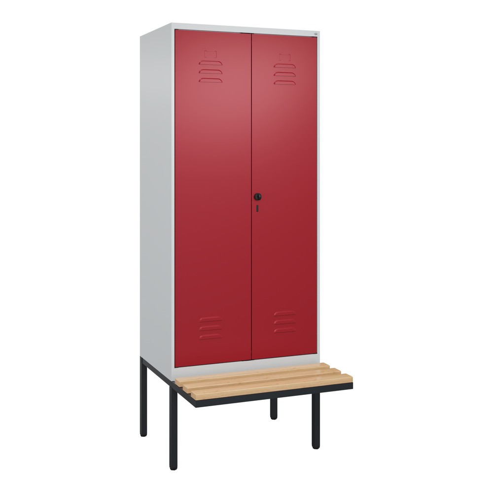 Illustration du produit: C+P PSA Doppel-Spind Classic PLUS, 2 Abteile, HxBxT 2.120 x 800 x 815 mm, für Vorhängeschloss, auskragende Bank aus Buche, lichtgrau, rubinrot