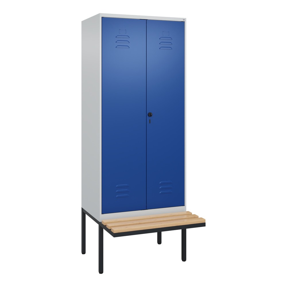 Illustration du produit: C+P PSA Doppel-Spind Classic PLUS, 2 Abteile, HxBxT 2.120 x 800 x 815 mm, für Vorhängeschloss, auskragende Bank aus Buche, lichtgrau, enzianblau