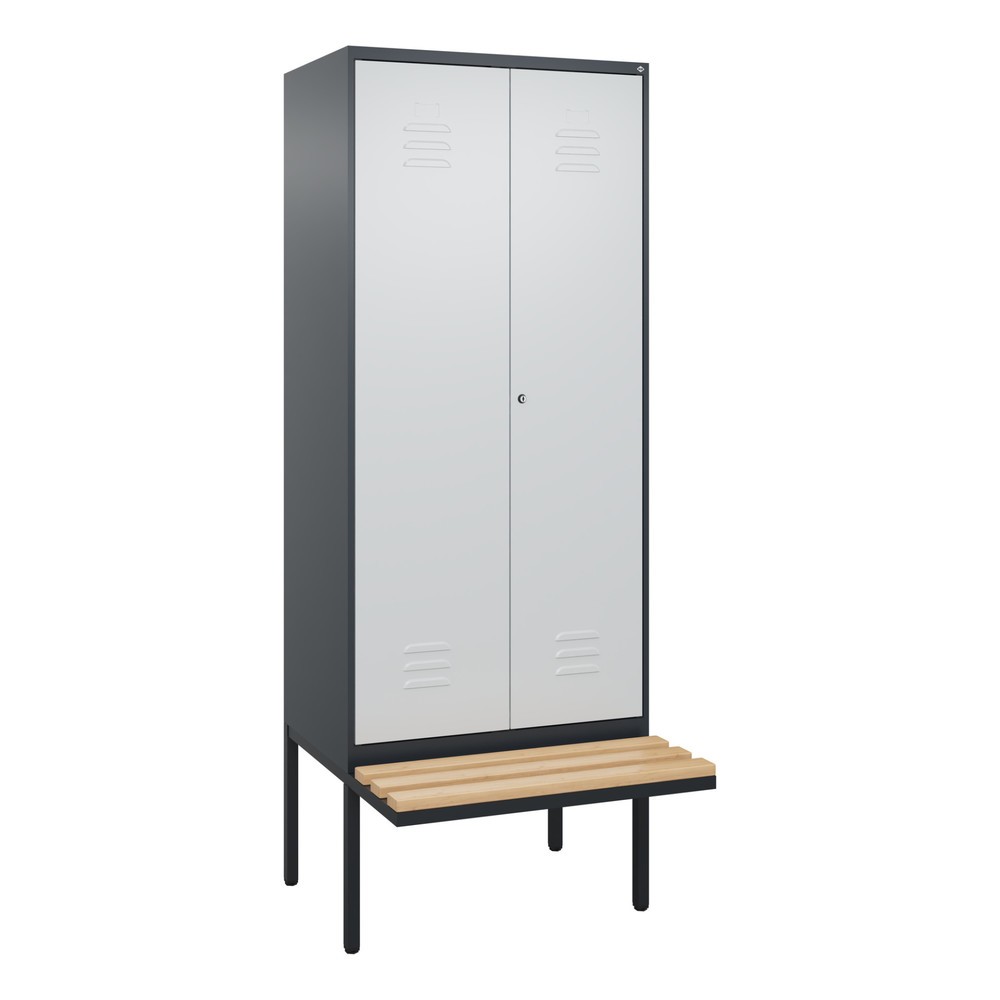 Produktabbildung: C+P PSA Doppel-Spind Classic PLUS, 2 Abteile, HxBxT 2.120 x 800 x 815 mm, Zylinderschloss, auskragende Bank aus Buche, anthrazitgrau, lichtgrau