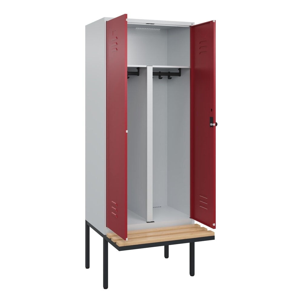 Produktabbildung: C+P PSA Doppel-Spind Classic PLUS, 2 Abteile, HxBxT 2.120 x 800 x 815 mm, für Vorhängeschloss, auskragende Bank aus Buche, lichtgrau, rubinrot