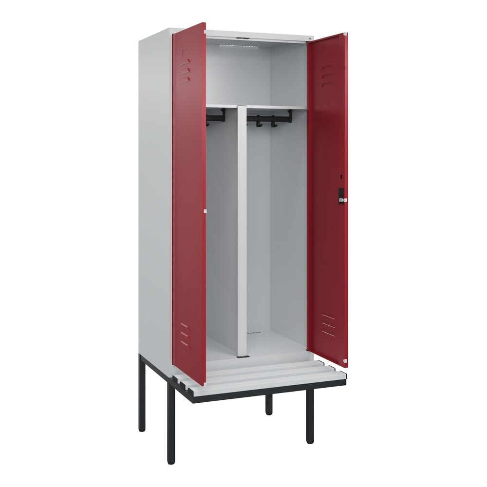 Illustration du produit: C+P PSA Doppel-Spind Classic PLUS, 2 Abteile, HxBxT 2.120 x 800 x 815 mm, Zylinderschloss, auskragende Bank aus Kunststoff, lichtgrau, rubinrot
