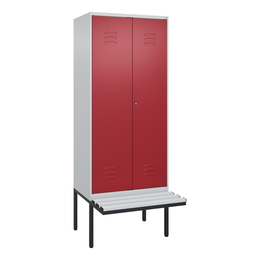 N° de l'image du produit 9 : C+P PSA Doppel-Spind Classic PLUS, 2 Abteile, HxBxT 2.120 x 800 x 815 mm, Zylinderschloss, auskragende Bank aus Kunststoff, lichtgrau, rubinrot
