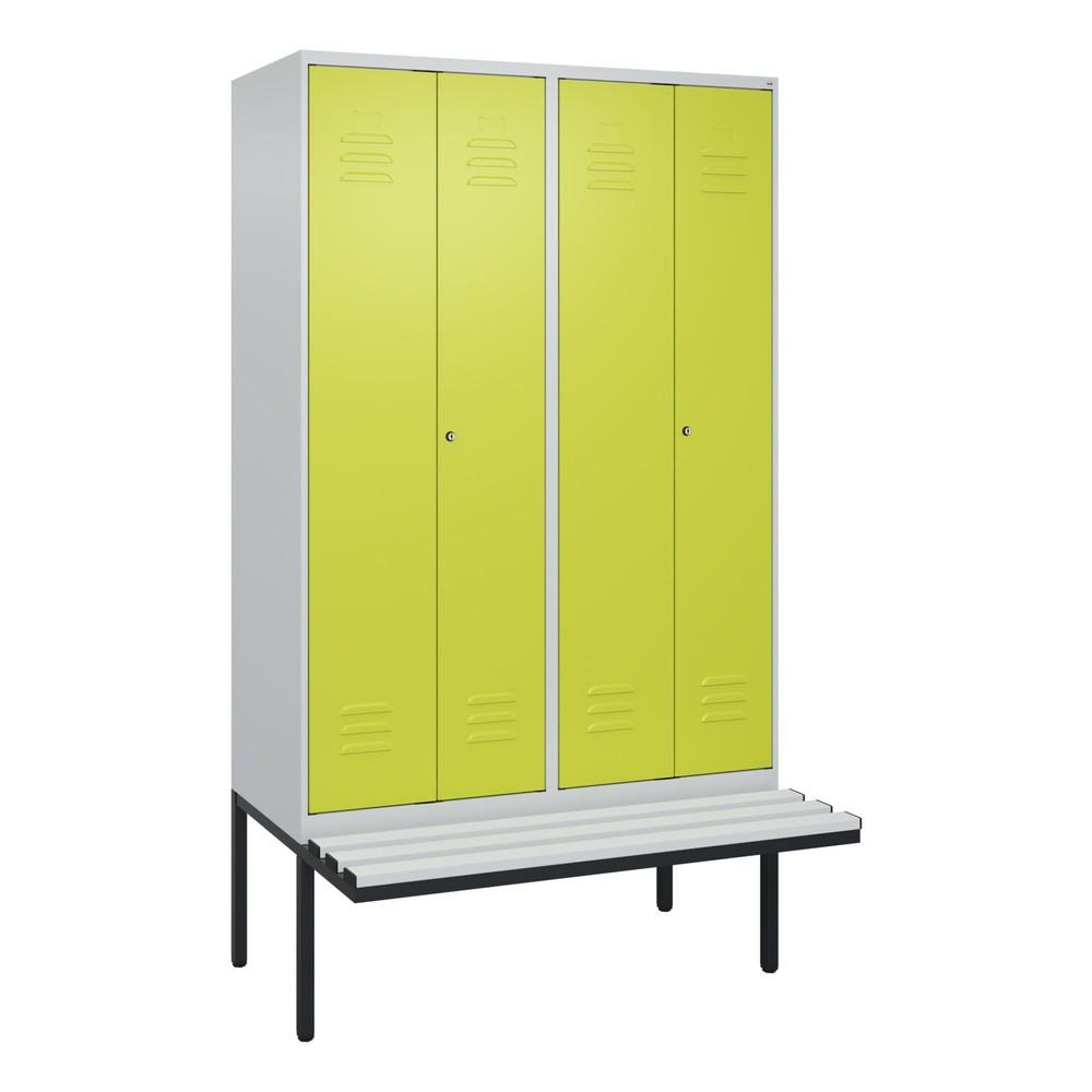 Illustration du produit: C+P PSA Doppel-Spind Classic PLUS, 4 Abteile, HxBxT 2.120 x 1.200 x 815 mm, Zylinderschloss, auskragende Bank aus Kunststoff, lichtgrau, clowngrün