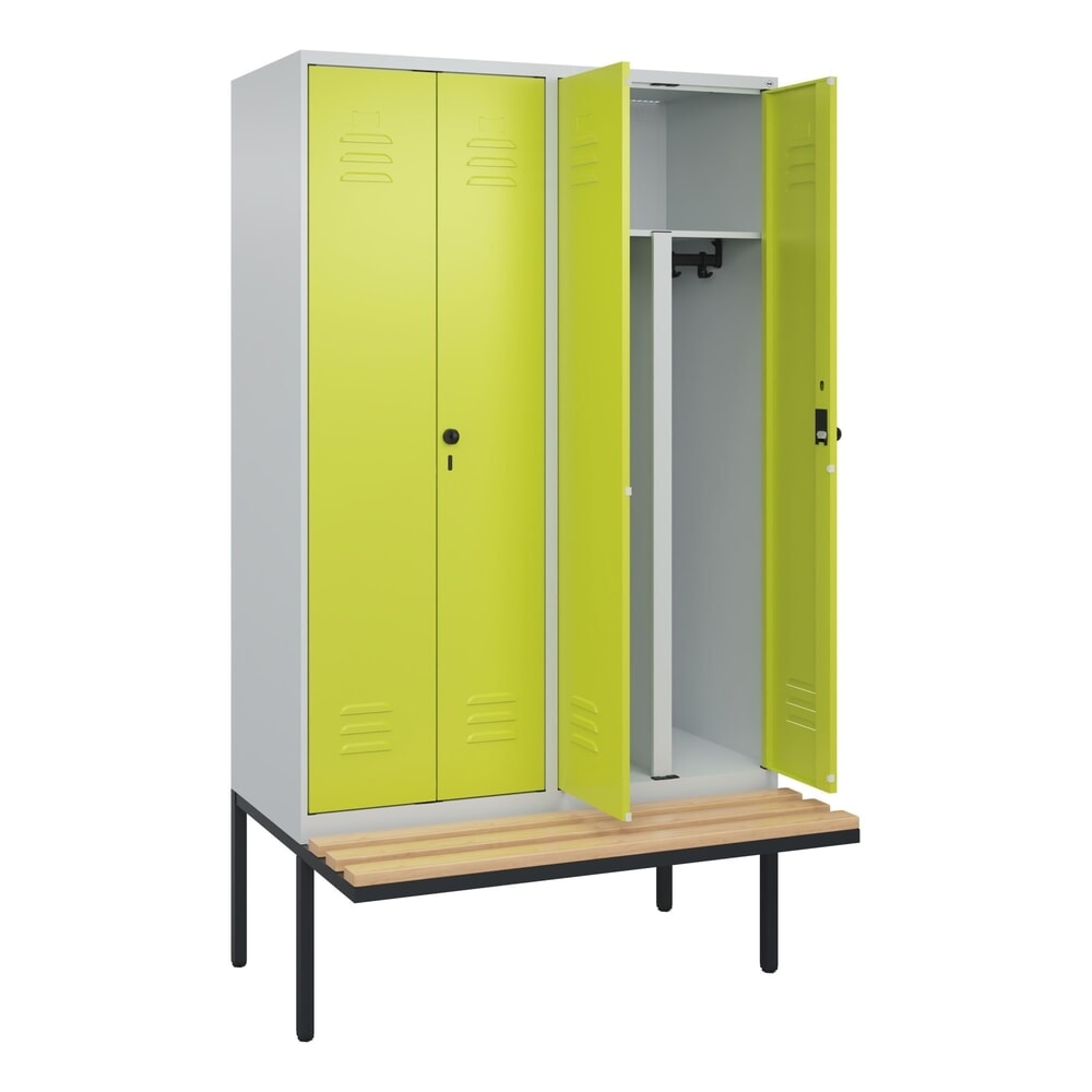 N° de l'image du produit 1 : C+P PSA Doppel-Spind Classic PLUS, 4 Abteile, HxBxT 2.120 x 1.200 x 815 mm, für Vorhängeschloss, auskragende Bank aus Buche, lichtgrau, clowngrün