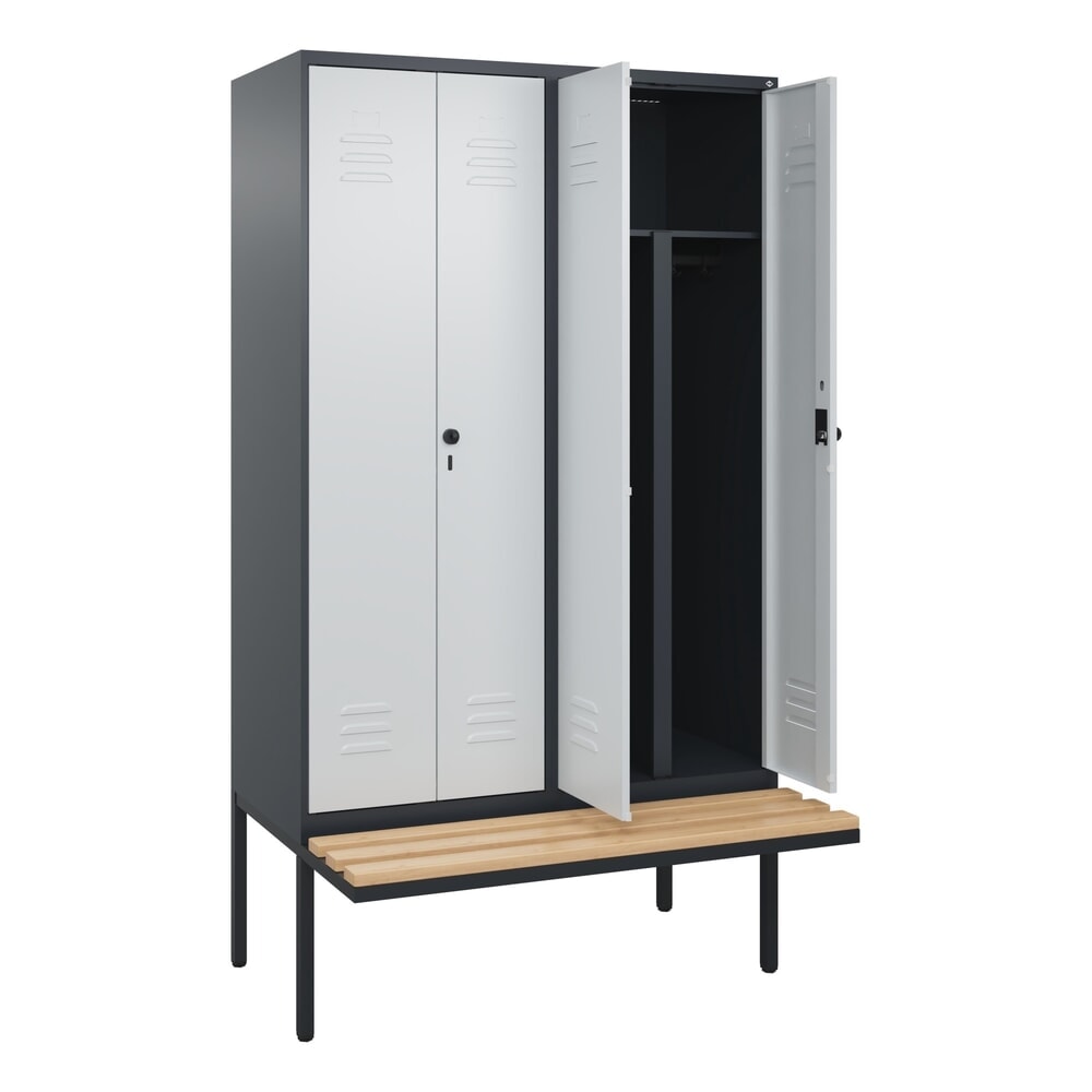 N° de l'image du produit 1 : C+P PSA Doppel-Spind Classic PLUS, 4 Abteile, HxBxT 2.120 x 1.200 x 815 mm, für Vorhängeschloss, auskragende Bank aus Buche, anthrazitgrau, lichtgrau