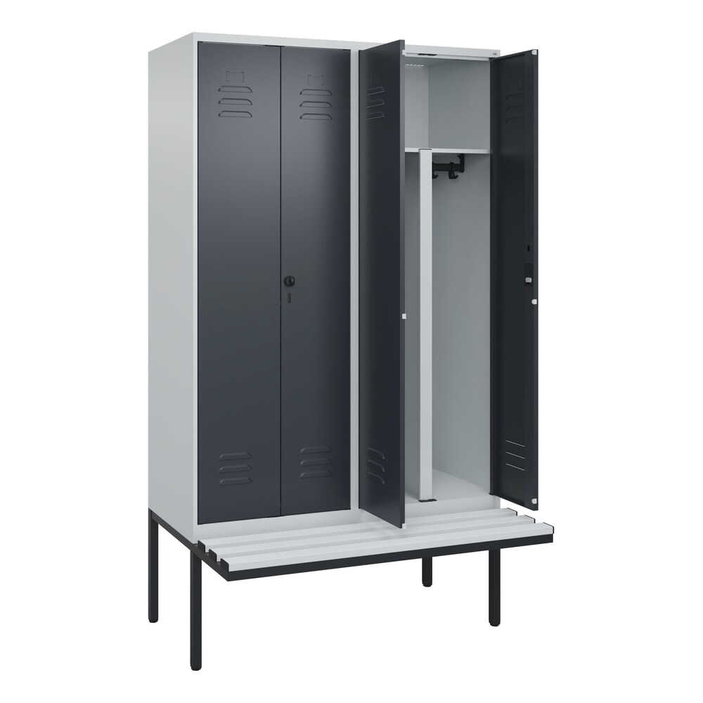 Illustration du produit: C+P PSA Doppel-Spind Classic PLUS, 4 Abteile, HxBxT 2.120 x 1.200 x 815 mm, Zylinderschloss, auskragende Bank aus Kunststoff, lichtgrau, anthrazitgrau