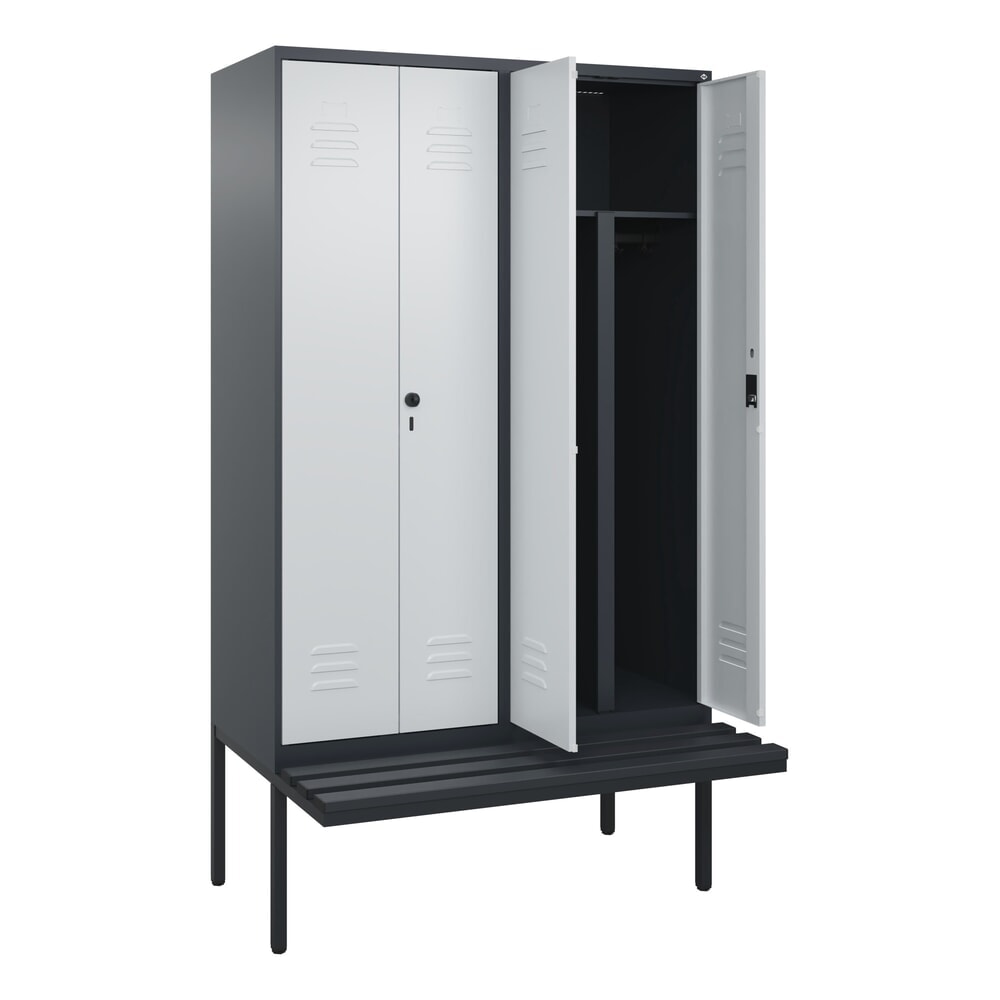 Produktabbildung: C+P PSA Doppel-Spind Classic PLUS, 4 Abteile, HxBxT 2.120 x 1.200 x 815 mm, Zylinderschloss, auskragende Bank aus Kunststoff, anthrazitgrau, lichtgrau