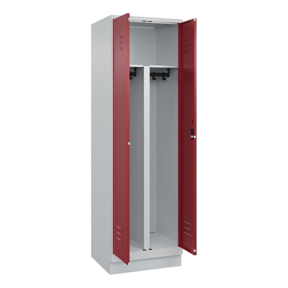 Produktabbildung: C+P PSA Doppel-Spind Classic PLUS, Sockel, 2 Abteile, HxBxT 1.950 x 600 x 500 mm, lichtgrau, rubinrot, Zylinderschloss