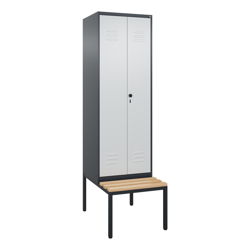 Illustration du produit: C+P PSA Doppel-Spind Classic PLUS, 2 Abteile, HxBxT 2.120 x 600 x 815 mm, für Vorhängeschloss, untergebaute Bank aus Buche, anthrazitgrau, lichtgrau