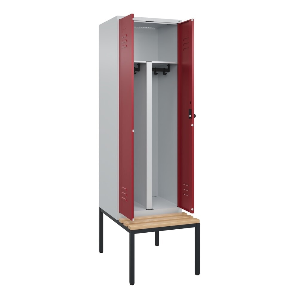 Illustration du produit: C+P PSA Doppel-Spind Classic PLUS, 2 Abteile, HxBxT 2.120 x 600 x 815 mm, für Vorhängeschloss, untergebaute Bank aus Buche, lichtgrau, rubinrot