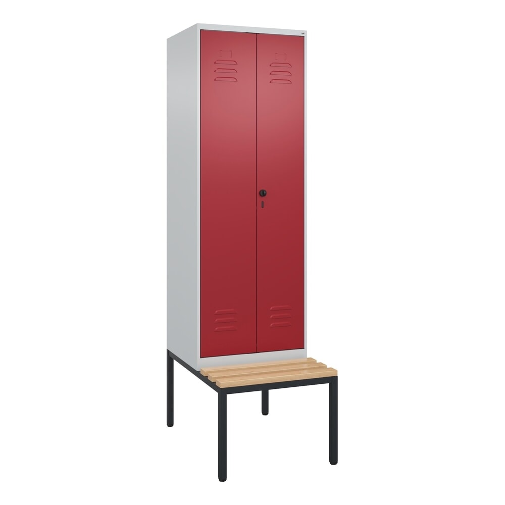 N° de l'image du produit 8 : C+P PSA Doppel-Spind Classic PLUS, 2 Abteile, HxBxT 2.120 x 600 x 815 mm, für Vorhängeschloss, untergebaute Bank aus Buche, lichtgrau, rubinrot