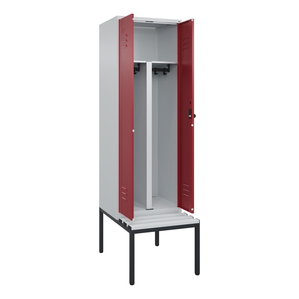 Illustration du produit: C+P PSA Doppel-Spind Classic PLUS, 2 Abteile, HxBxT 2.120 x 600 x 815 mm, für Vorhängeschloss, untergebaute Bank aus Kunststoff, lichtgrau, rubinrot