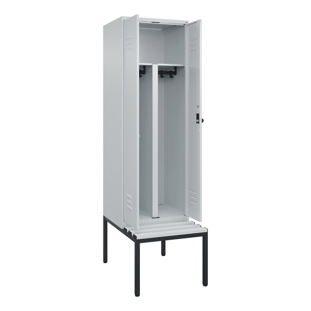 Produktabbildung: C+P PSA Doppel-Spind Classic PLUS, 2 Abteile, HxBxT 2.120 x 600 x 815 mm, für Vorhängeschloss, untergebaute Bank aus Kunststoff, lichtgrau, lichtgrau