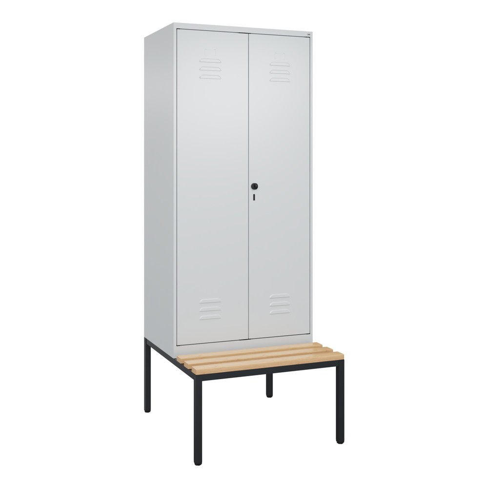 Produktabbildung: C+P PSA Doppel-Spind Classic PLUS, 2 Abteile, HxBxT 2.120 x 800 x 815 mm, für Vorhängeschloss, untergebaute Bank aus Buche, lichtgrau, lichtgrau