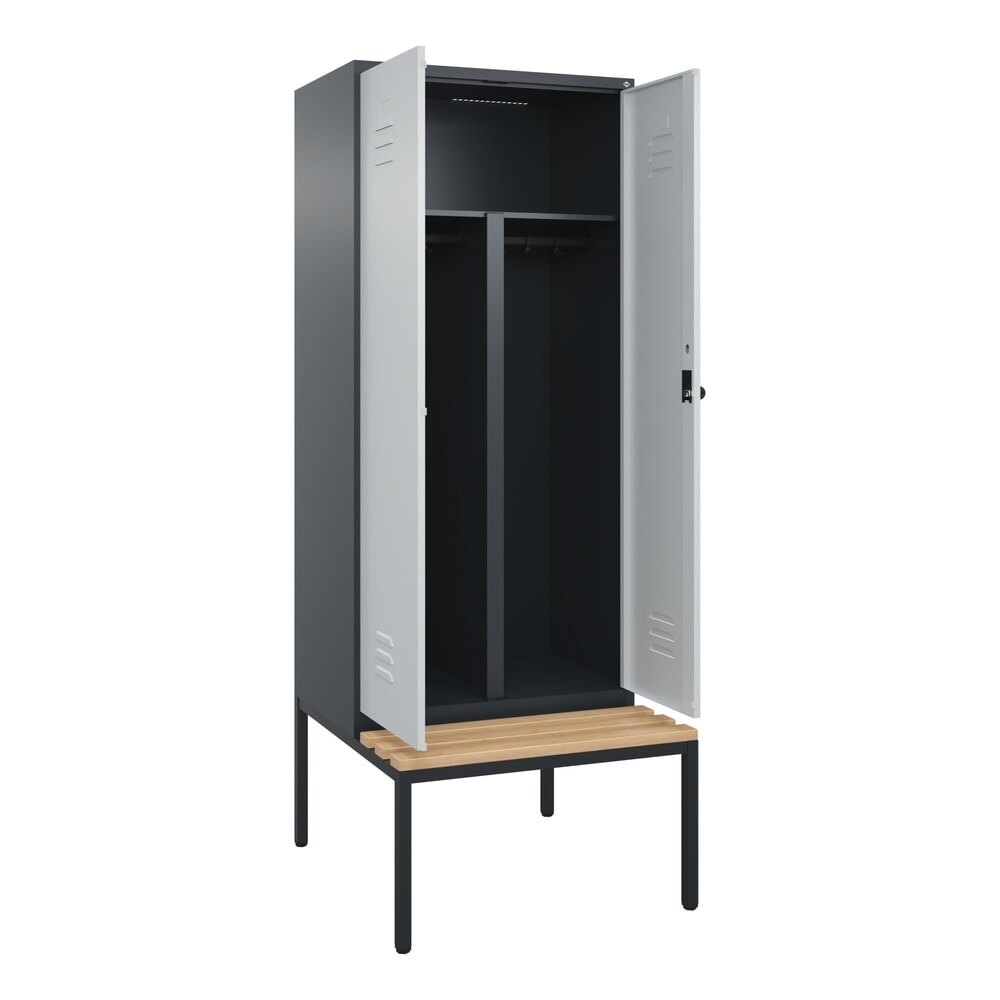 Illustration du produit: C+P PSA Doppel-Spind Classic PLUS, 2 Abteile, HxBxT 2.120 x 800 x 815 mm, für Vorhängeschloss, untergebaute Bank aus Buche, anthrazitgrau, lichtgrau