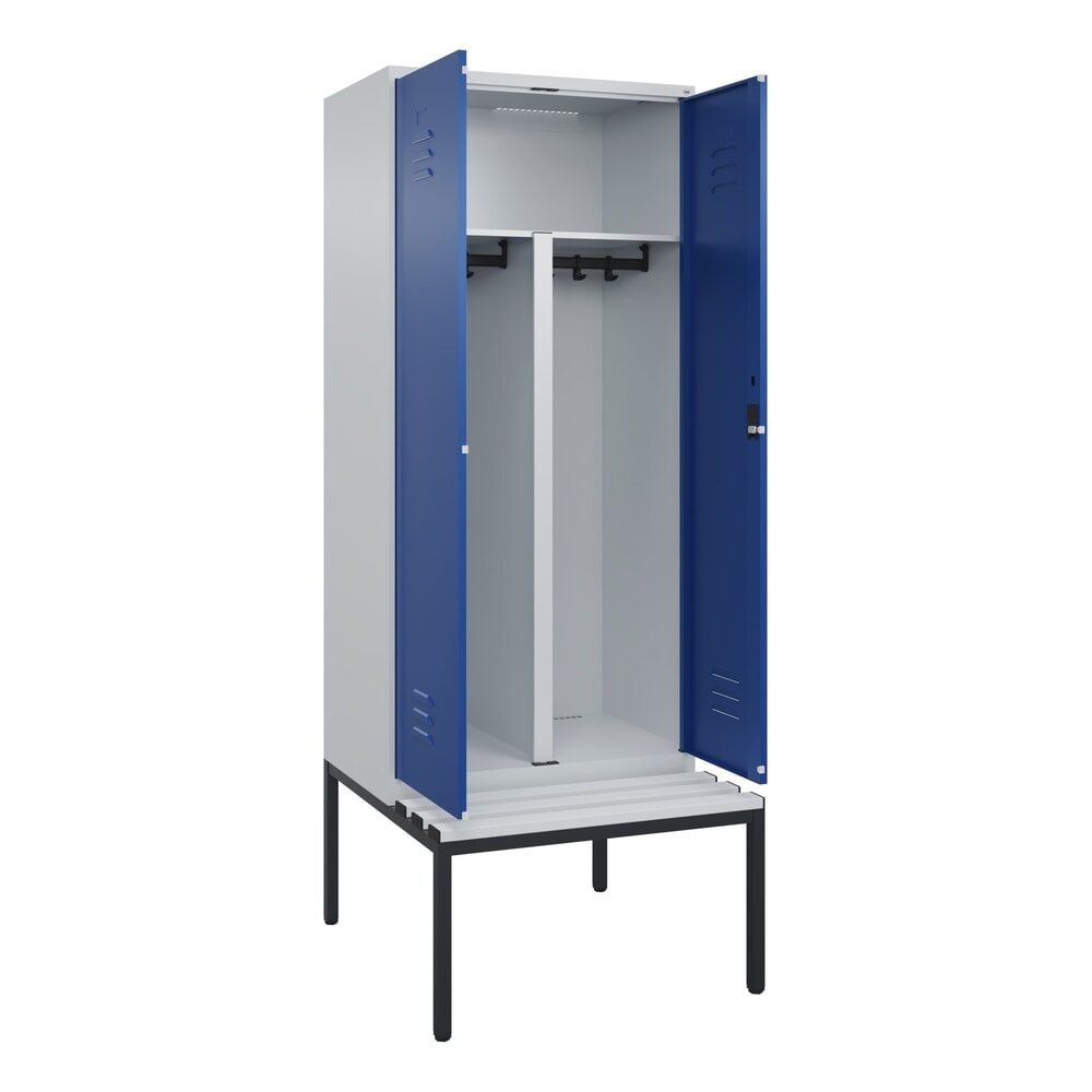 Illustration du produit: C+P PSA Doppel-Spind Classic PLUS, 2 Abteile, HxBxT 2.120 x 800 x 815 mm, Zylinderschloss, untergebaute Bank aus Kunststoff, lichtgrau, enzianblau