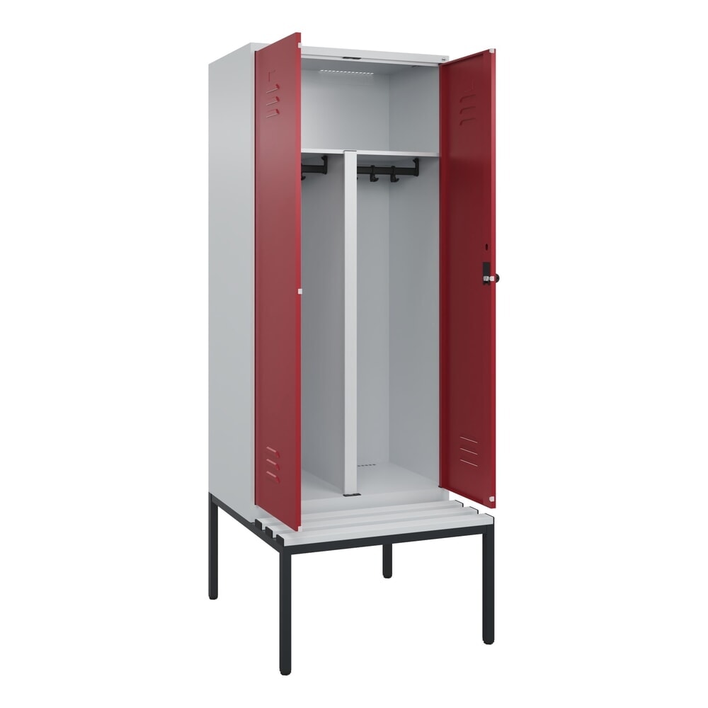 Illustration du produit: C+P PSA Doppel-Spind Classic PLUS, 2 Abteile, HxBxT 2.120 x 800 x 815 mm, für Vorhängeschloss, untergebaute Bank aus Kunststoff, lichtgrau, rubinrot