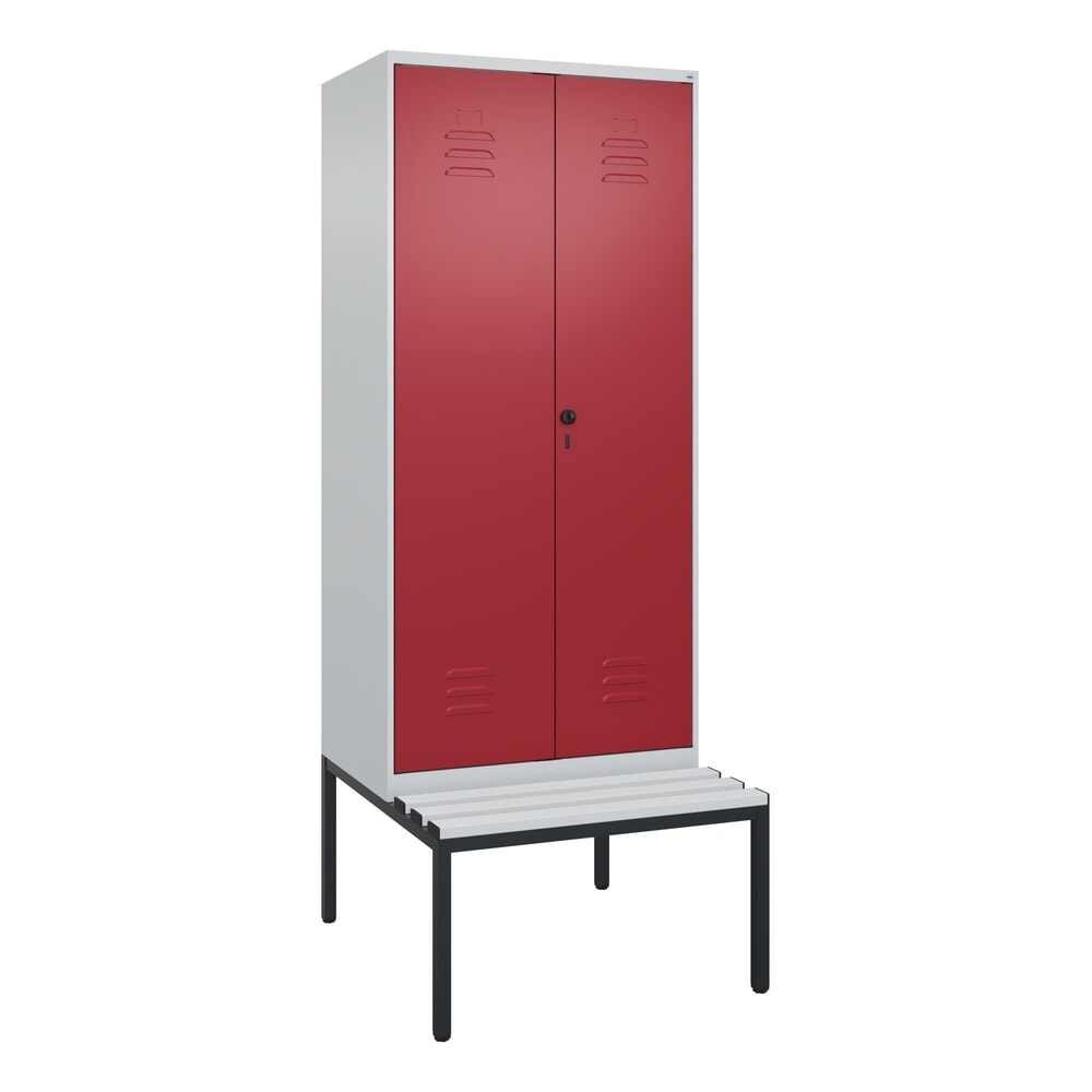 N° de l'image du produit 9 : C+P PSA Doppel-Spind Classic PLUS, 2 Abteile, HxBxT 2.120 x 800 x 815 mm, für Vorhängeschloss, untergebaute Bank aus Kunststoff, lichtgrau, rubinrot