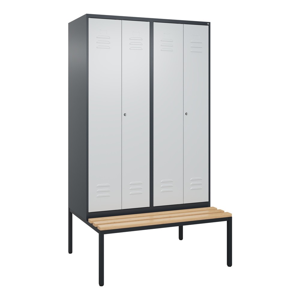 Illustration du produit: C+P PSA Doppel-Spind Classic PLUS, 4 Abteile, HxBxT 2.120 x 1.200 x 815 mm, Zylinderschloss, untergebaute Bank aus Buche, anthrazitgrau, lichtgrau